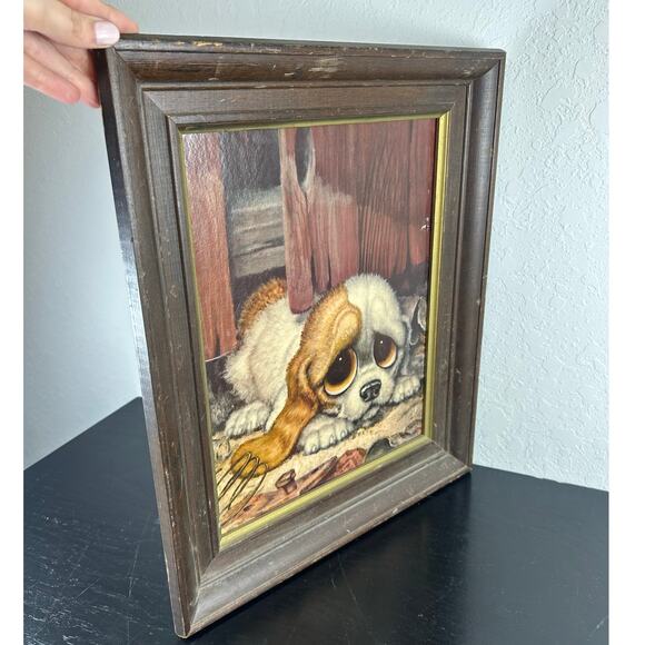 Vtg Print Board Artwork- Big Eyes Puppy- brown frame- 18x15" pity puppy hound - Picture 5 of 5